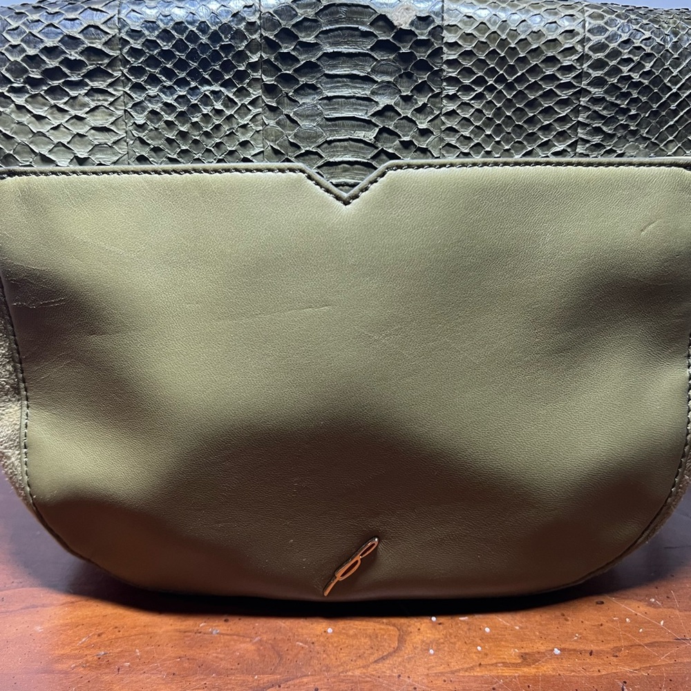 Brian Atwood Snakeskin Saddle crossbody Purse made w/ goat&lamb Green 10”x8” - Picture 11 of 16